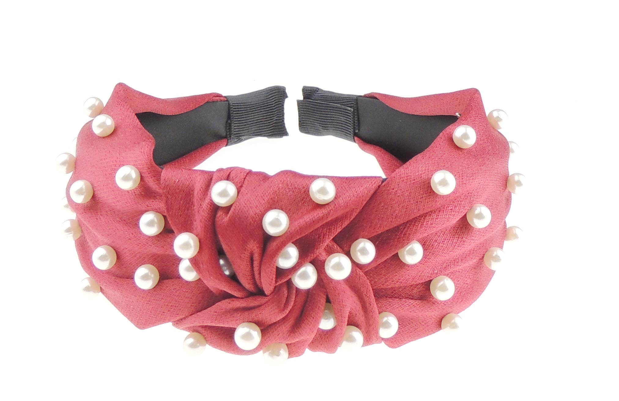 Womens Satin Evening Fancy Top Knot Knotted Twist Twisted Turban Wide Thick Formal Boho Vintage Headband Alice Band Hair Accessories Hairband Christmas Wedding Bridesmaid Party Faux Pearls (Burgundy)