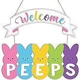 Easter Wooden Door Wreath for Front Door Sign Welcome Peeps Wood Hanging Sign Decorations Cute Bunny Rabbit Welcome Doors Hanger for Spring Easter Home Farmhouse Party Indoor Outdoor Porch Wall Decor