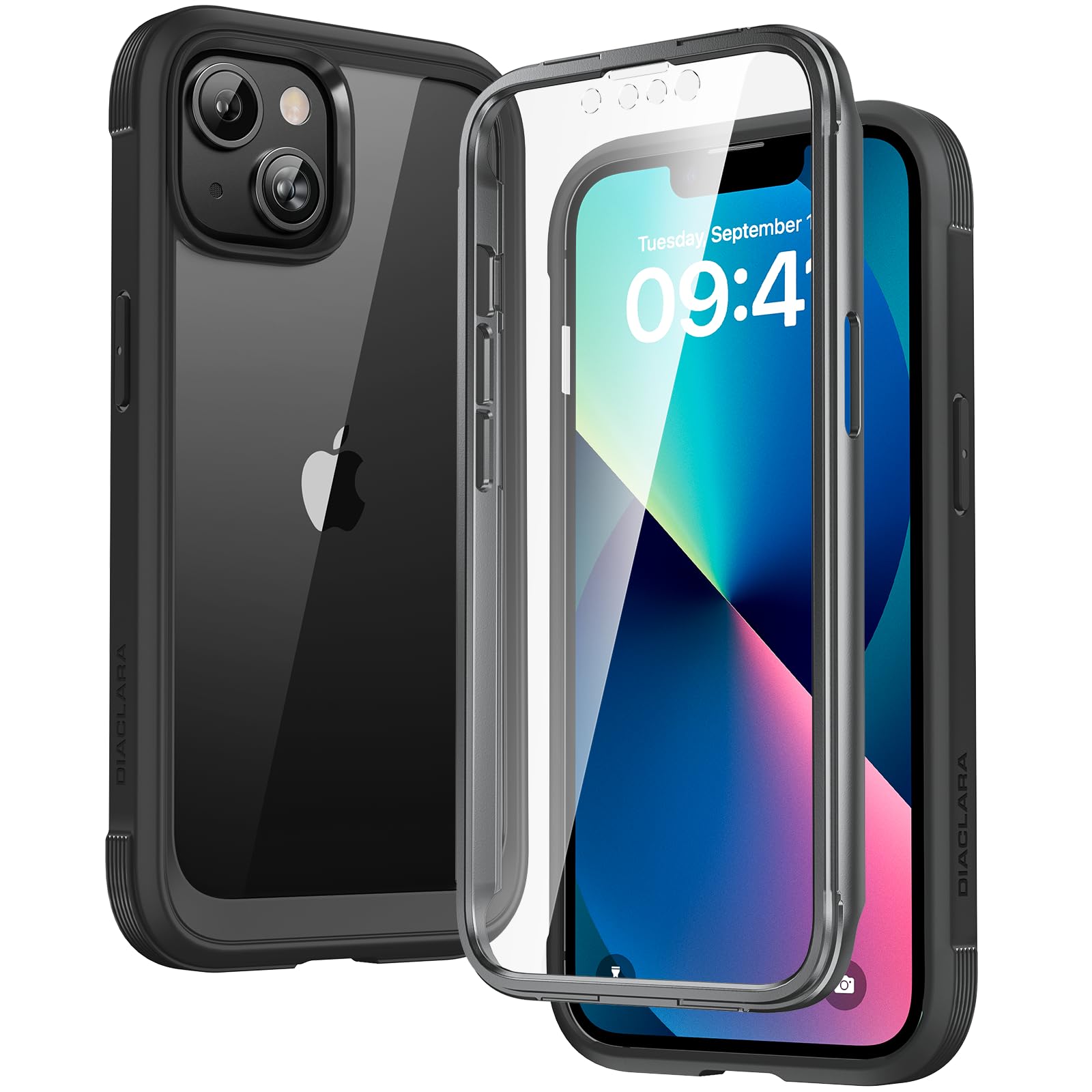 Photo 1 of Diaclara Designed for iPhone 13 Case, Full Body Rugged with Built-in Touch Sensitive Anti-Scratch Screen Protector, Soft TPU Bumper Case for iPhone 13 6.1" (Black and Clear)