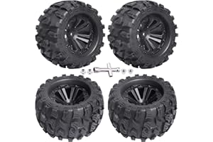 FRIHOBBY 2.8'' Tires and Wheels 12mm Hex Pre-Glued 1/10 Monster Truck Tyres Sets for Traxxas Rustler Stampede Redcat Volcano Blackout MT Off-Road Cars Models 2S-4S Brushless Power, Set of 4