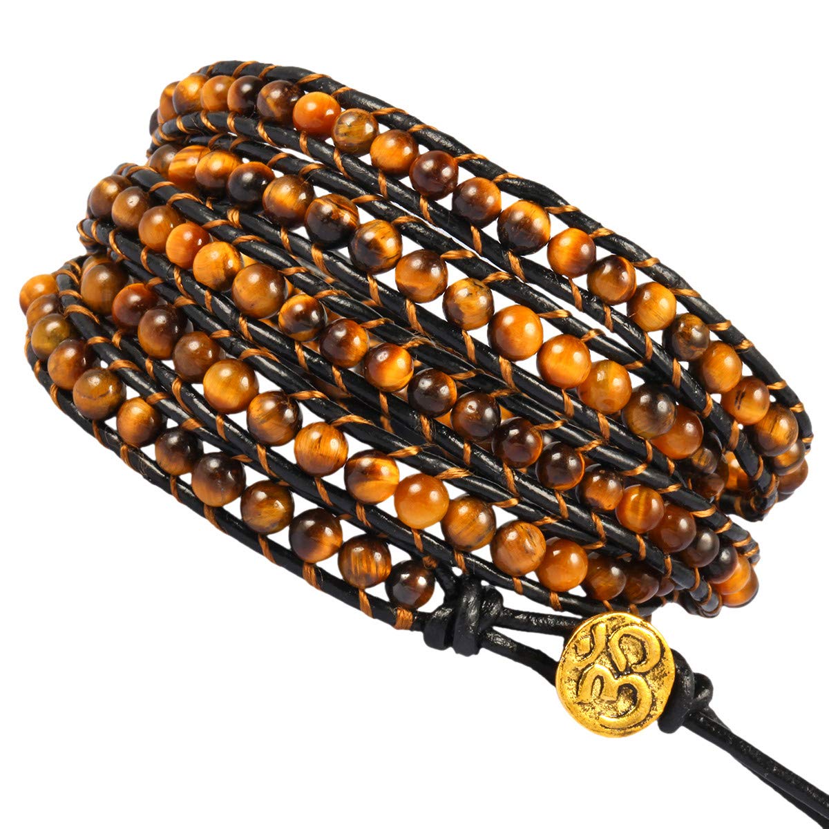 KYEYGWO Unisex Healing Gemstone Leather Braided Bracelet Chakra Crystal Wrap Bracelet for Women Men Tiger's Eye