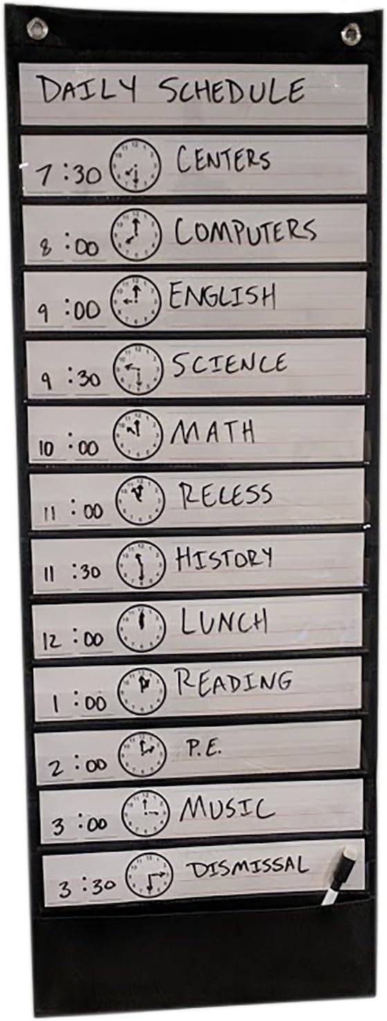 Scheduling Pocket Chart with Dry Erase Cards, Hangers, and Black Marker with Eraser Cap