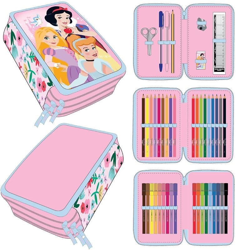 - Estuche Escolar 3 Compartimentos Niña de Princesas Disney | Incluye Todo el Material Escolar Necesario para Preescolar y Primaria - Licencia Oficial Disney