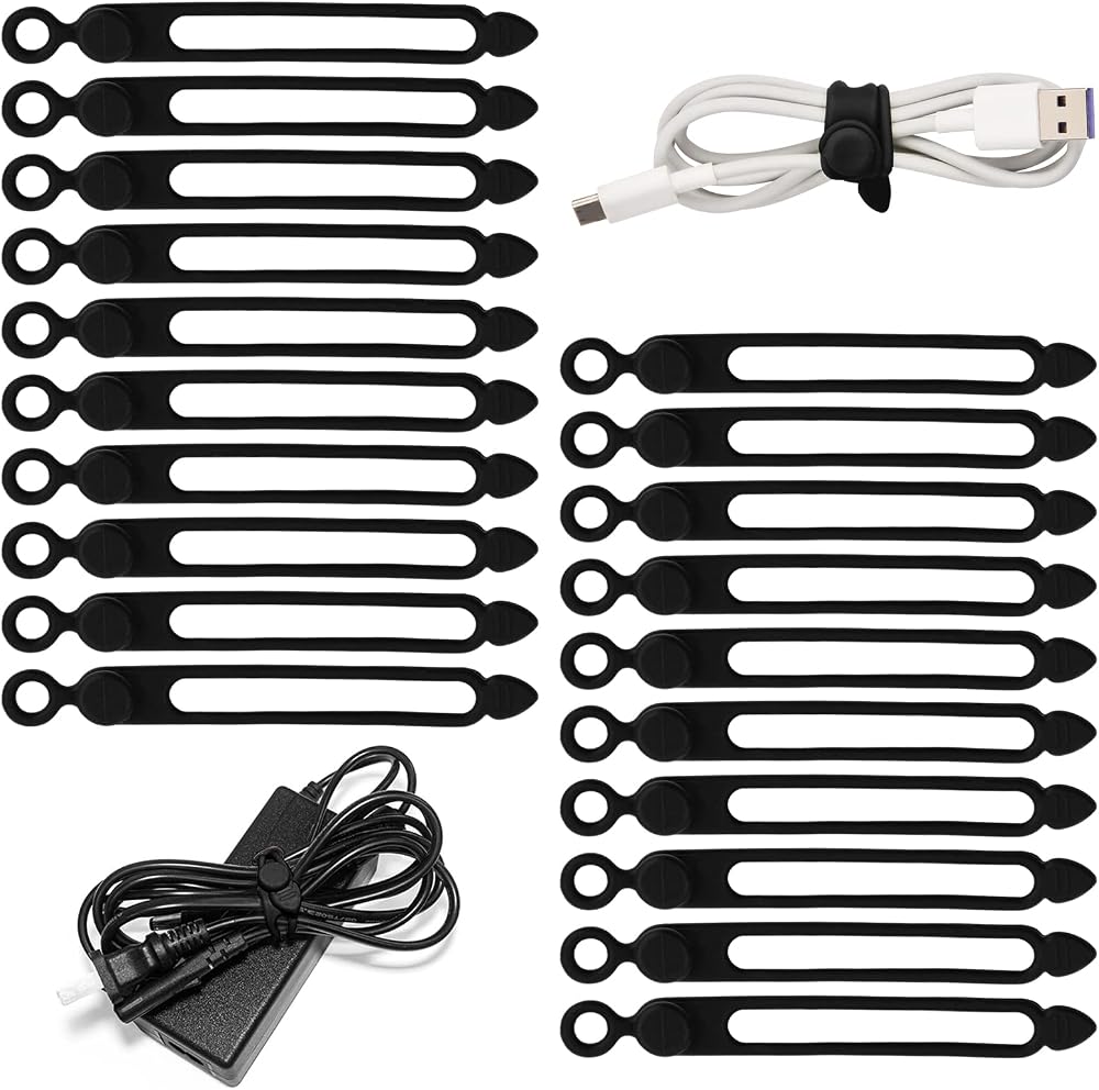 Tinsellns 20Pcs Silicone Cord Organizer Straps Ties Reusable Cable Wire Black