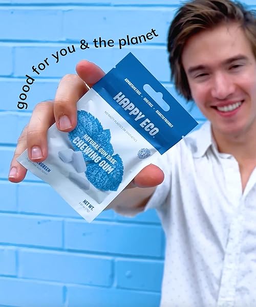 HAPPY ECO SUGAR FREE NATURAL CHEWING GUM 6 PACK (84 PIECES) – PLASTIC FREE, XYLITOL GUM WITH STEVIA – ASPARTAME FREE – NON GMO, VEGAN, GLUTEN FREE KETO – WINTERGREEN
