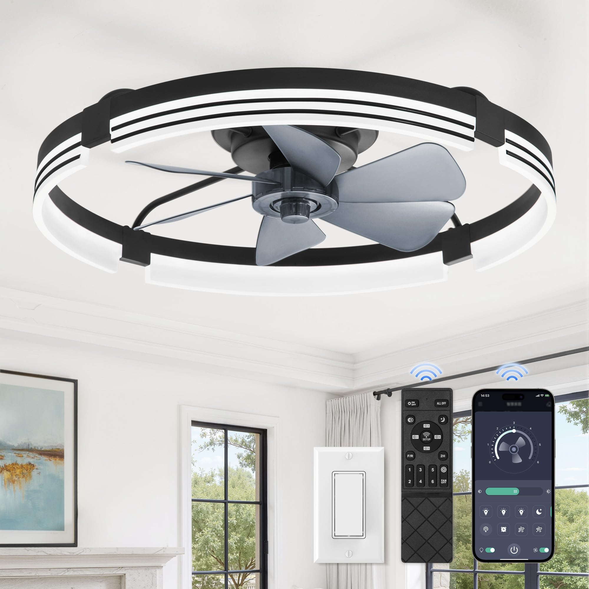 Photo 1 of ******MISSING PARTS*****ZMISHIBO 24 Inch Low Profile Ceiling Fans with Lights and Remote, 3000K-6000K Dimmable Fandelier LED Fan Light, Flush Mount Ceiling Fan with Light, 6 Wind Speeds Ceiling Fans for Bedroom- Black