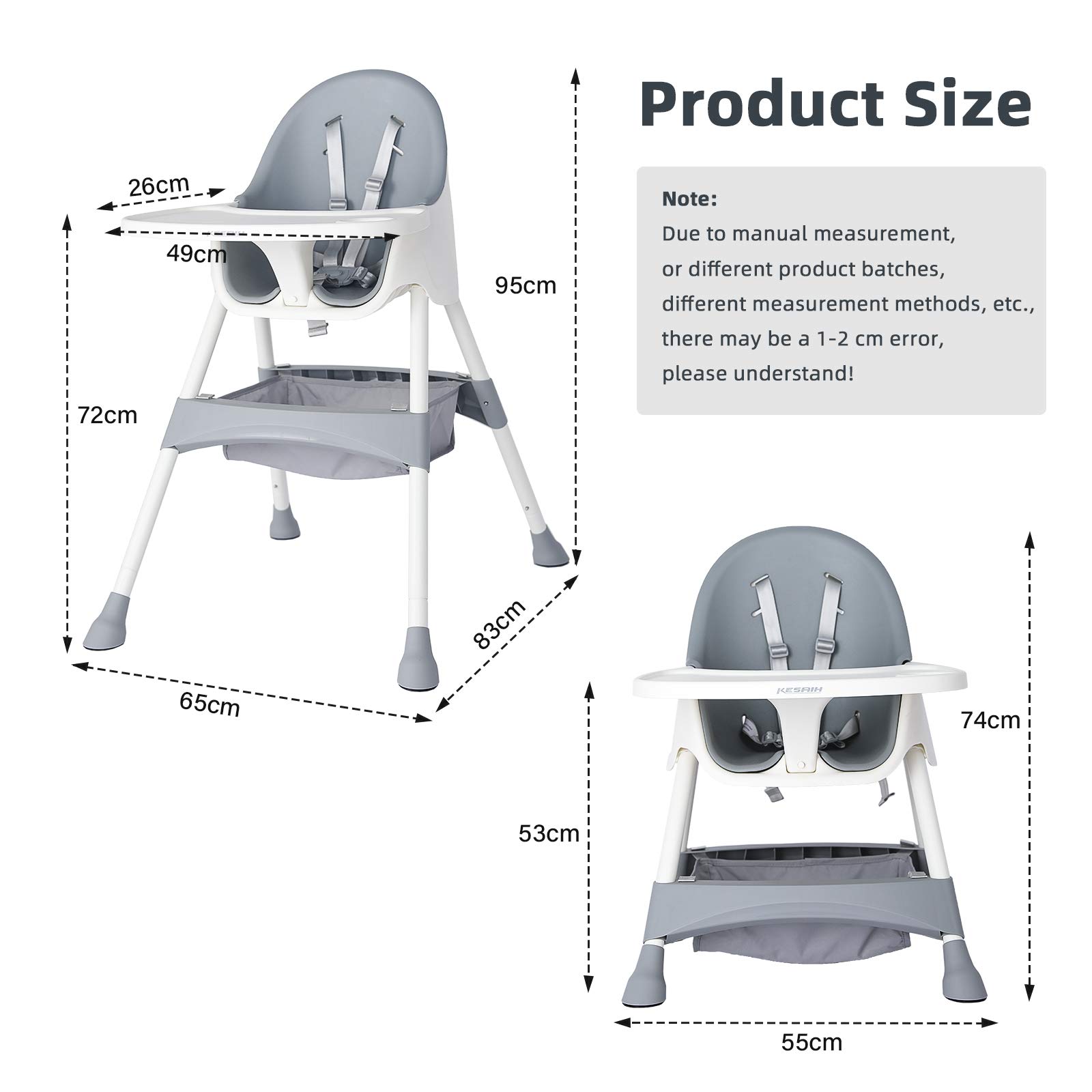 KESAIH High Chair, Height Adjustable High Chairs for Babies and Toddler with Easy-Clean Pu Cushion, Removable Tray, Adjustable Feet, 5 Point Safety Harness, Modern Toddler High Chair （Grey）