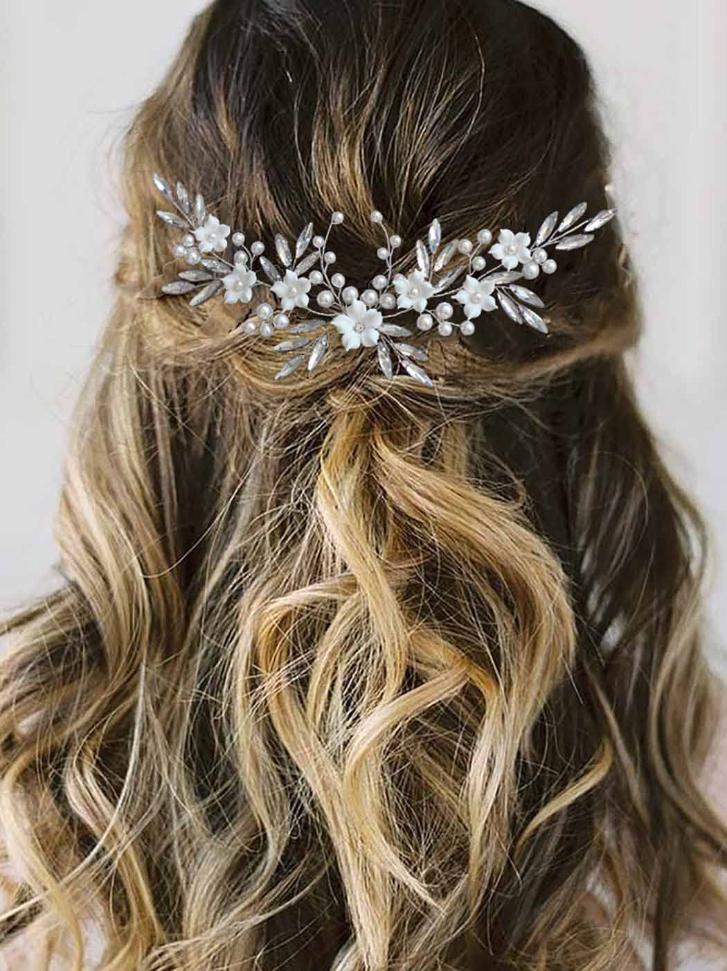 Vakkery Flower Bride Wedding Hair Vine Silver Crystal Hair Piece Pearl Bridal Hair Accessories for Women and Girls