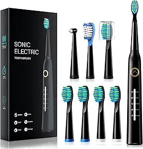 Electric Toothbrushes for Adults, 8 Brush Heads Sonic Electric Toothbrush with 40000 VPM Deep Clean 5 Modes, Power Rechargeable Toothbrushes Fast Charge 4 Hours Last 30 Days, Electric Toothbrush Black