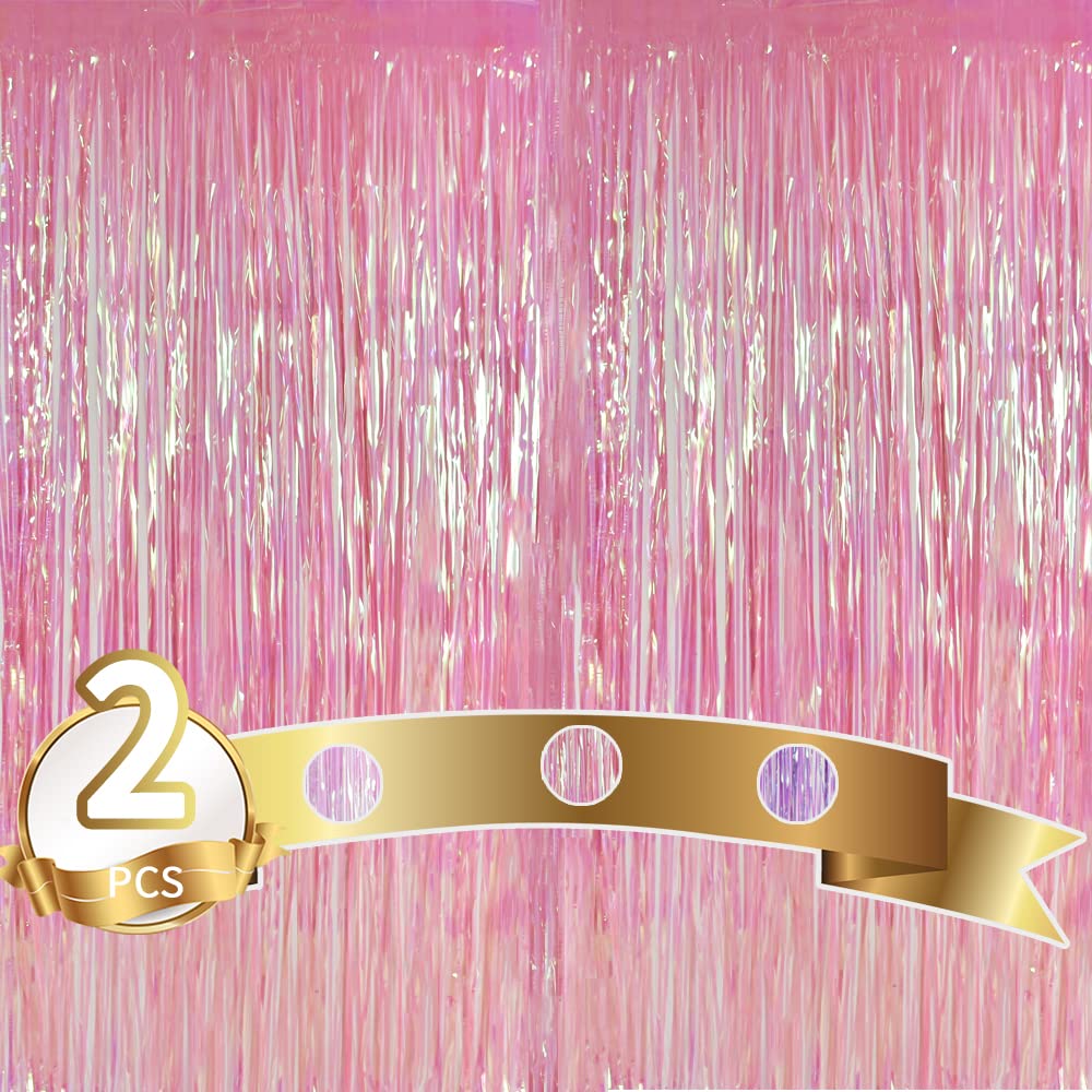 2 Pcs Transparent Pink Tinsel Foil Fringe Curtains,3.28ft x 6.56ft Photo Booth Backdrop Streamer Curtain,Photo Booth Props,Ideal Bachelorette Party Supplies,Birthday,Christmas,New Year Decorations