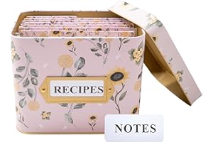 Recipe Box w/ 26 A-Z Dividers - Note Card Holder - Beautiful 4x6 Recipe Card Box - Tin Recipe Organizer w/ 2 Labels Recipes &