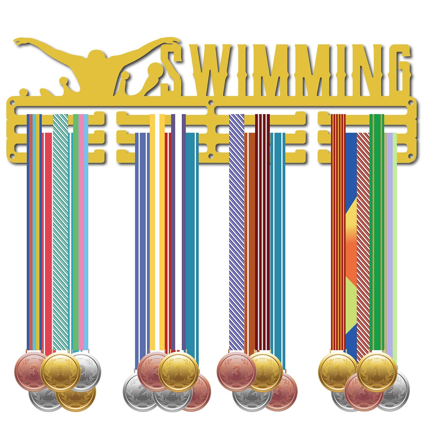 CREATCABIN Medal Holder Swimming Sport Medals Display Wall Mount Hanger Medal Holders Racks Organizer for Badge 3 Rung Medalist Swim Gymnastics Over 60 Medals Games 15.7inch, Dark Goldenrod