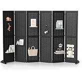 Bonnlo 4/6 Panel Pegboard Freestanding, 5 FT Portable Display Board Organizer for Craft Show Jewelry, Wooden Folding Privacy Screen Room Divider (Black, 6 Panel with Base)