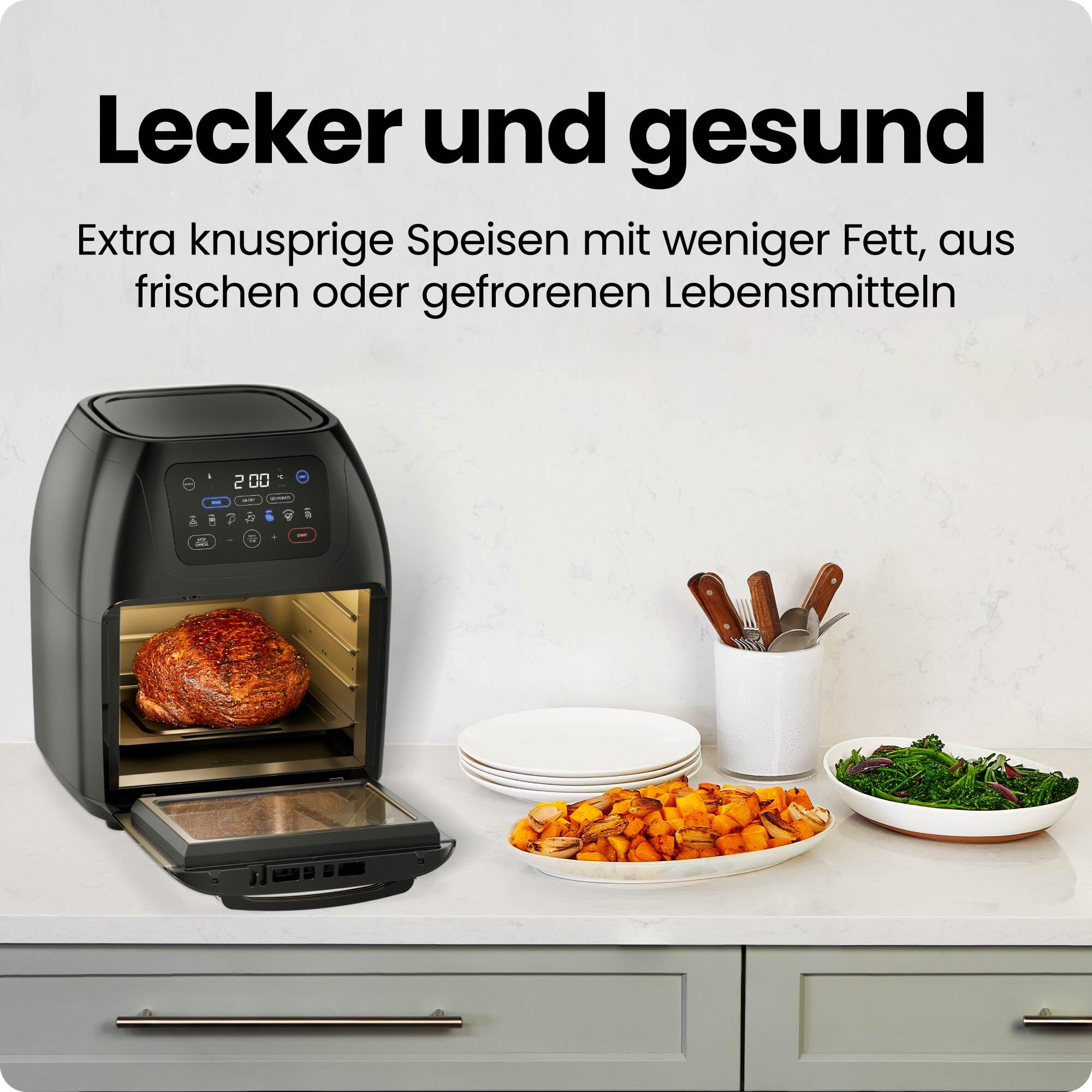 Chefman Multifunktionale Digitale Heißluftfritteuse + Rotisserie, Dörrautomat, Konvektion, 17 Touchscreen-Voreinstellungen, XL 10L Familiengröße, Automatische Abschaltung, Großes Sichtfenster, Schwarz 3