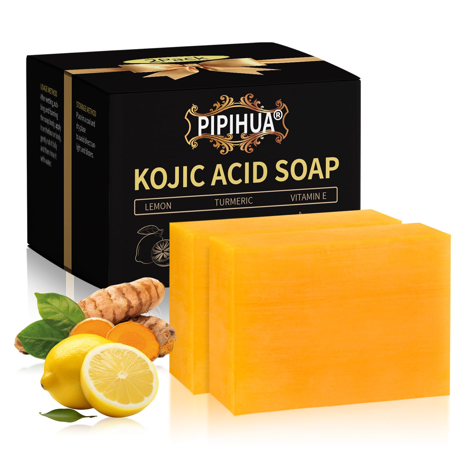 PIPIHUA Lemon Kojic Acid Soap, Turmeric Soap Bars, Gentle Soap for Acne with Collagen, Turmeric, Hyaluronic Acid with a Foaming Net(2x100g)