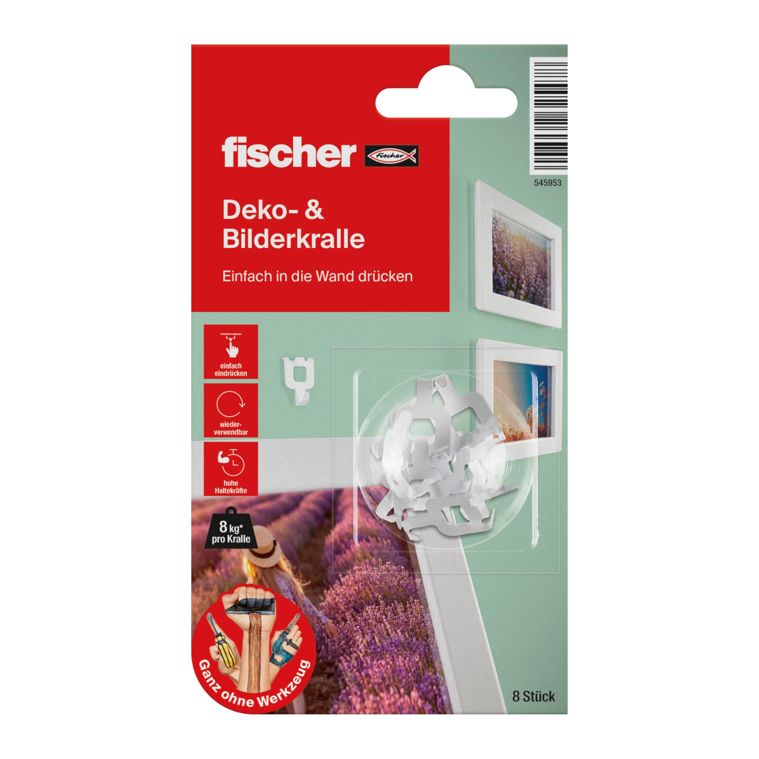 fischer Picture Claw, Picture Hooks in White, Mounting Without Drilling & Tools, The Better Nail, Wall Hook for Attaching Pictures, Decorations, Clocks and Much More, Pack of 8