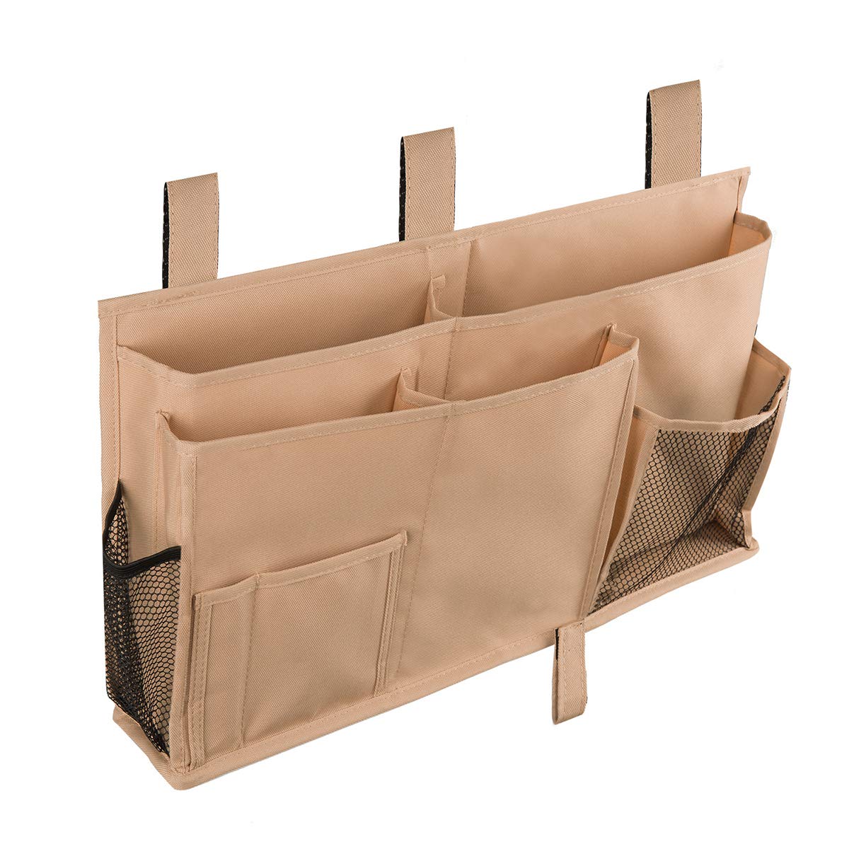 ELEZAY Bedside Organiser Waterproof Oxford Hanging Bedroom Caddy with Hook-and-Loop Fastener Straps for Dorm Bunk Large Capacity Bed Crib Stroller 8 Pocket Storage Bag Khaki