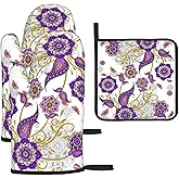 Purple Flower Oven Mitts and Pot Holders Sets of 3 Kitchen Decor Heat Resistant Hot Pads Boho Floral Oven Gloves for Cooking Grilling Baking
