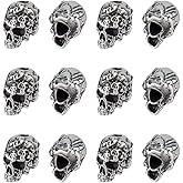 Hobbspring 12Pcs Skull Beads Stainless Steel Halloween Beads Antique Silver Skeleton Beads European Beads Large Hole Beads Metal Skull Spacer Beads for Necklace Bracelet Jewelry Making