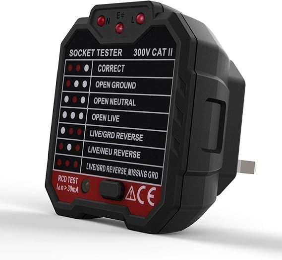 FraFong Socket Tester, Outlet Tester GFCI 90V250V 5060Hz CAT.II 300V Live Neutral Earth Wire