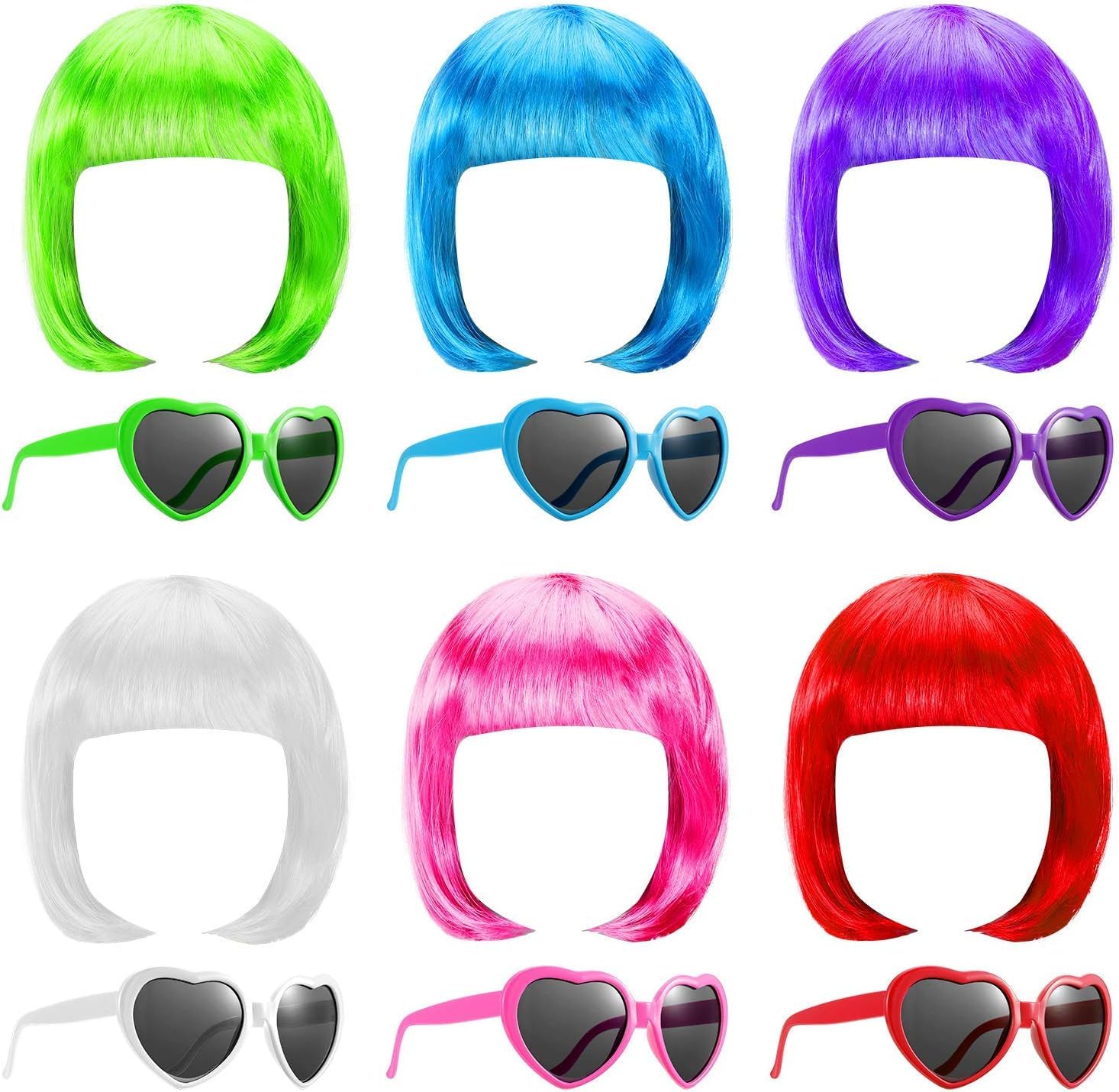 6 Pieces Party Wigs and Sunglasses Set, Neon Short Bob Wig, Colorful Sunglasses, Cosplay Wig Daily Party Hairpieces for Costume Party Bachelorette Halloween Decorations