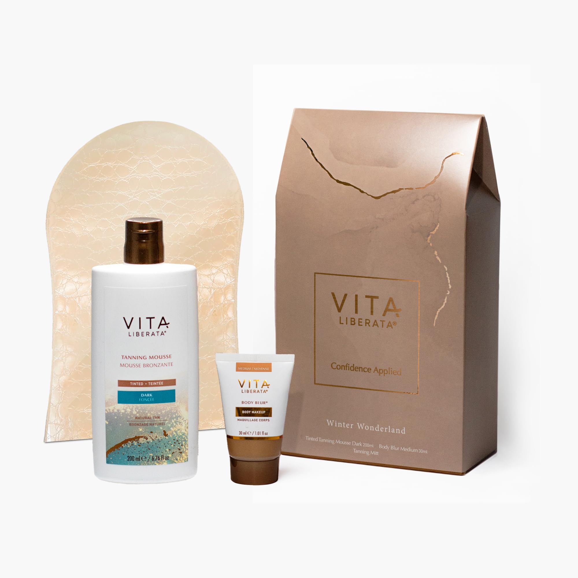 Vita Liberata Tanning Gift Set, Winter Wonderland, Tinted Tanning Mousse Dark, Body Blur Medium, Tanning Mitt, Self Tan Kit, Perfect Set for Christmas