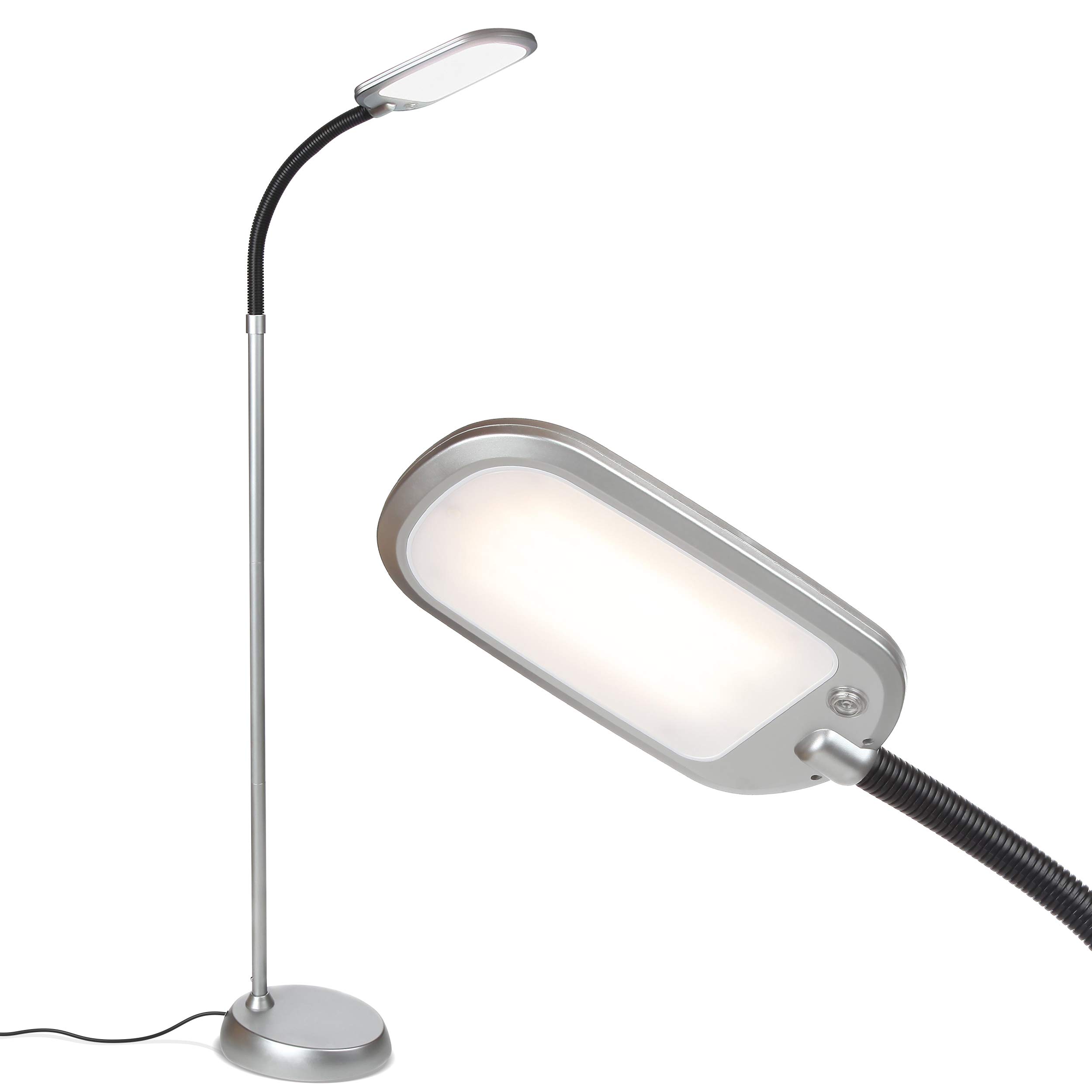 Brightech Litespan Slim LED Floor Reading Lamp with Adjustable Gooseneck for Living Rooms & Offices, Dimmable Standing Lamp for Bedroom - Silver