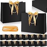 Kolldenn 50 Pcs Gift Bags with Handle 12.6 x 10 x 4.3 Inch Black Gold Thank You Bag with Bow Ribbon for Christmas Wedding Birthday Bridal Shower Bridesmaid Graduation Party Favor