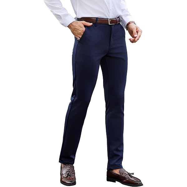 slim fit dress slacks Mens Solid Navy Slim Fit Flat Front 4 Way Stretch Dress Pants – The Suit  Depot main image 0