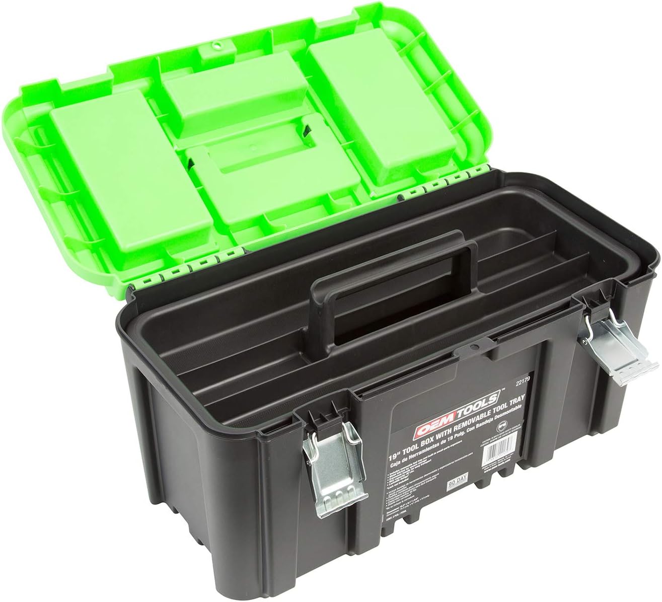 OEMTOOLS 22160 19 Inch Tool Box with Removable Tool Tray, Small Parts Organizer in Lid, Heavy Duty Tool Box with 2 Metal Latches, Rated up to 40 Lbs., Green - - 