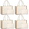 Sweetude 4 Set Jute Burlap Tote Bag with Makeup Pouchs Include 4 Pcs 12.6 x 8.5 Inch Jute Tote Gift Bags with Handles 4 Pcs Canvas Zipper Pouch Reusable DIY Craft Blank Gifts for Wedding Bridesmaid