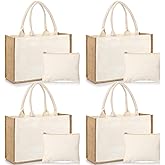 Sweetude 4 Set Jute Burlap Tote Bag with Canvas Makeup Pouch Reusable DIY Craft Blank Gift Bags for Wedding Bridesmaid(Beige)
