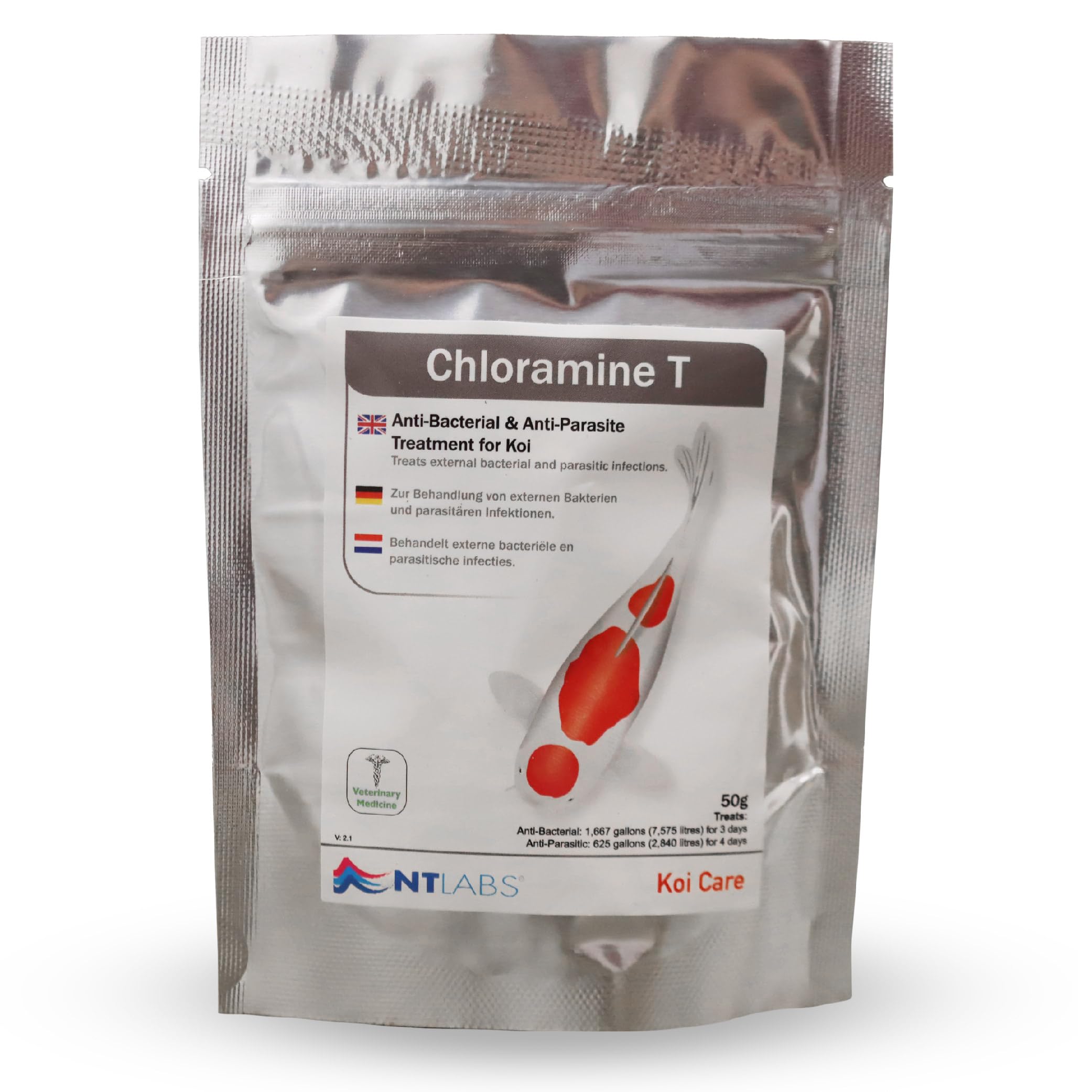 NT Labs Koi Care Chloramine T, Medicine for External Bacterial and Parasitic Infections, Koi Water Treatment, Broad-Spectrum Medication, Treats Costia, 50g