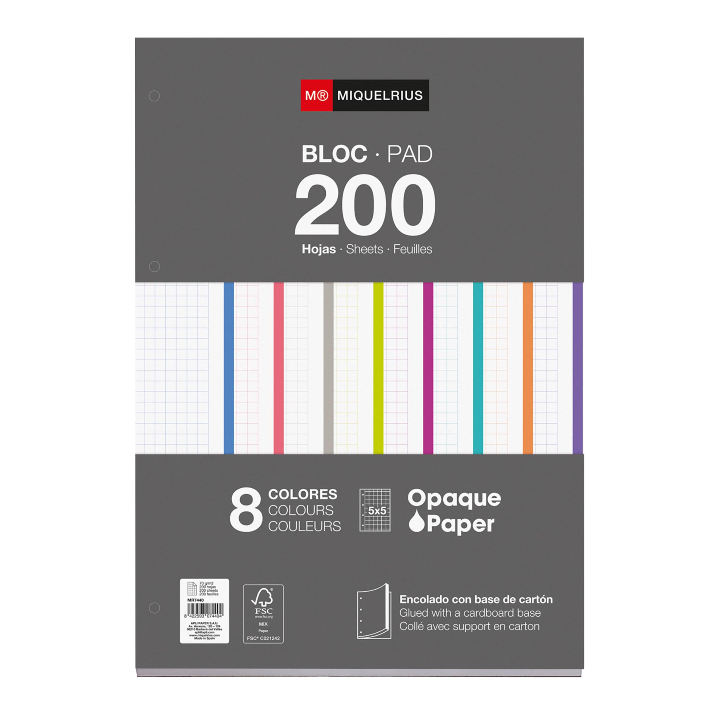 Miquelrius - Refill Pad Glued Sheets, 8 Stripes of Intense Colours, 200 Sheets of 5 mm, A4 Size, 70 g/m² Paper, 4 Drills