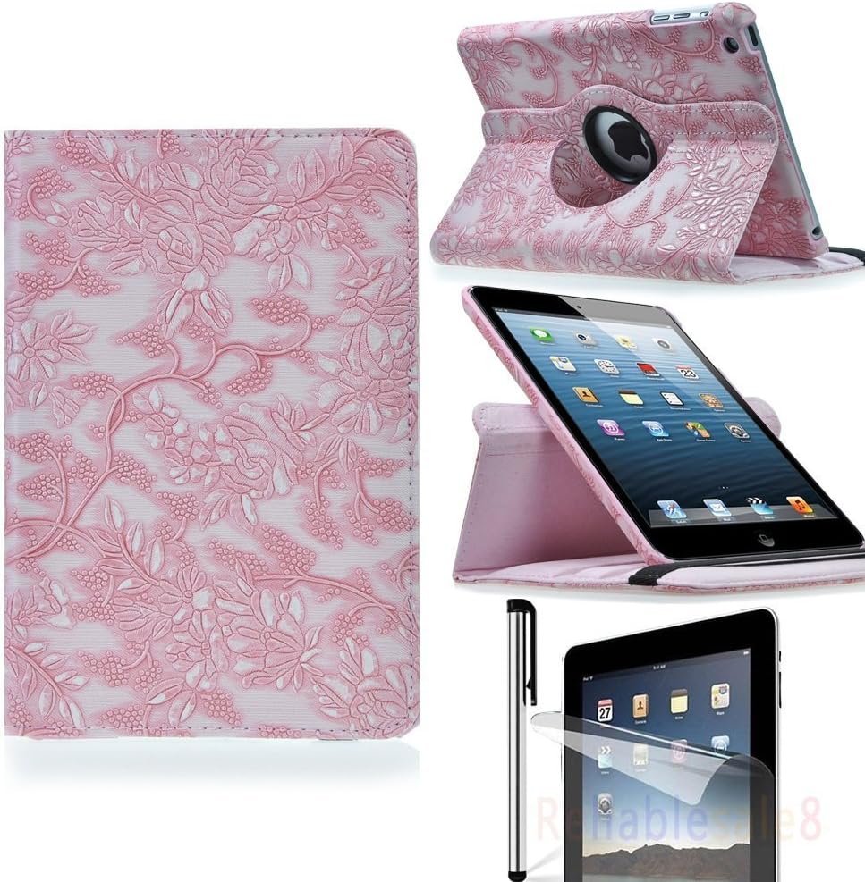 Eallc Retro 360 Degree Rotating Stand Leather Smart Case Cover for iPad Mini / ipad mini 2 with retina display with Free Stylus Pen and Protective Film (pink)