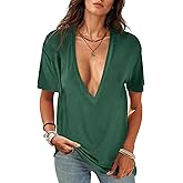 UNCLECAT Womens Deep V-Neck T Shirts Sexy Short Sleeve Tops Summer Oversized Tee