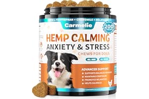 Carmelie Hemp Calming Chew for Dog - 200 Chews Dog Calming Treats -Dogs Anxiety & Stress Relief Valerian Root Chamomile Melatonin for Separation, Barking, Stress & Slee- Chicken Flavor