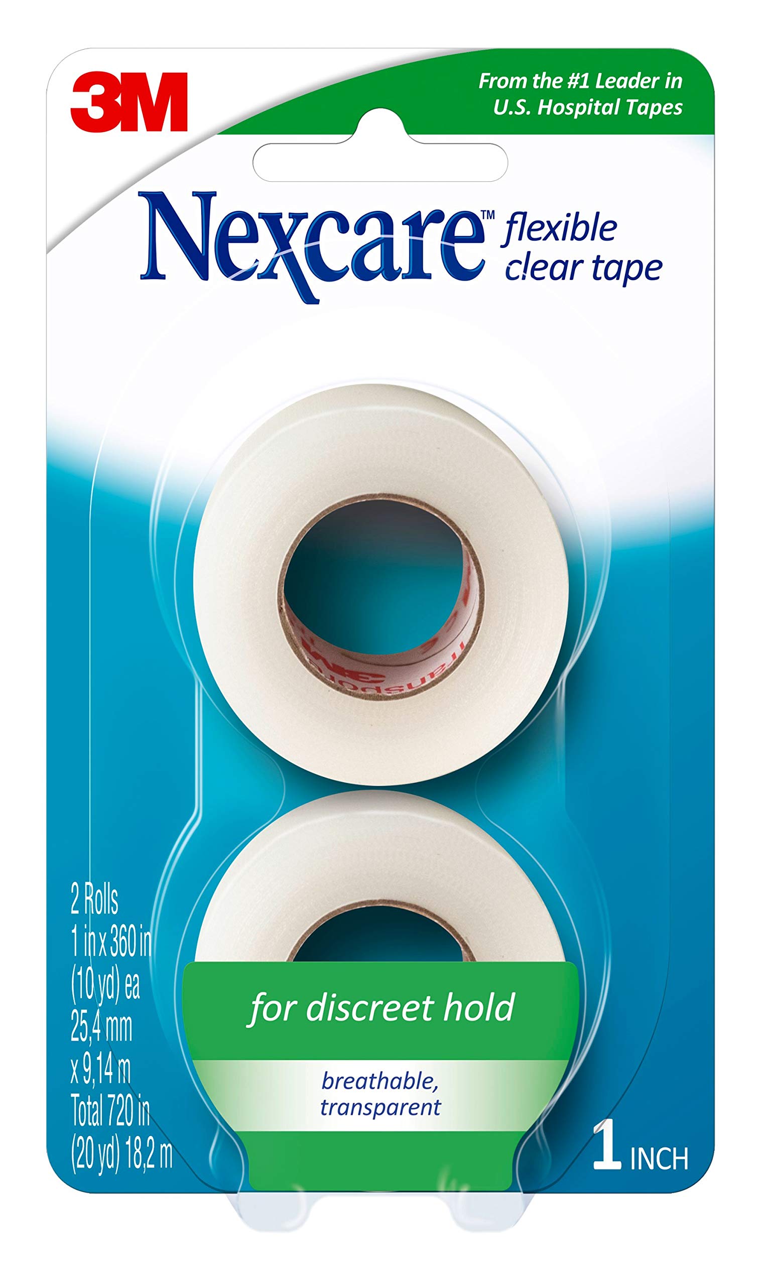 Nexcare Flexible Clear First Aid Tape, From the #1 Leader in U.S. Hospital Tapes, 1-Inch x 10-Yard Roll, 2 count