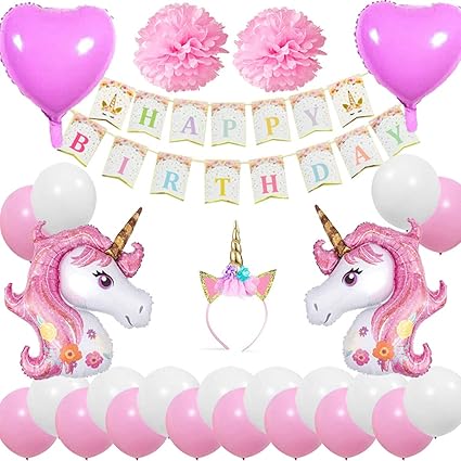 Cebelle Einhorn Birthday Party Dekorationen begünstigt Stirnband Happy Birthday Banner 2 riesige Einhorn Ballons 2 Pom Blumen