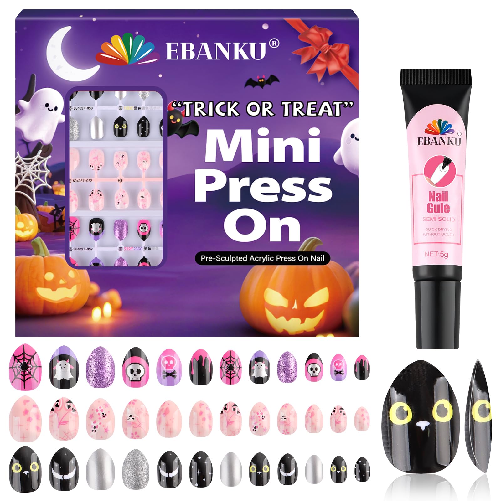 Photo 1 of 72Pcs Halloween Press on Nails, Fake Nails Full Cover Cute False Nails with Skull Designs Dark Glossy Stick on Nails for Girls Kids with Nail Glue