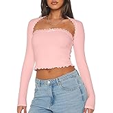 NODHUT Women's 2 Piece Lace Long Sleeve Tops Cute Ribbed Knit Bow Knot Lace Tube Top Sexy Slim Fit T Shirts
