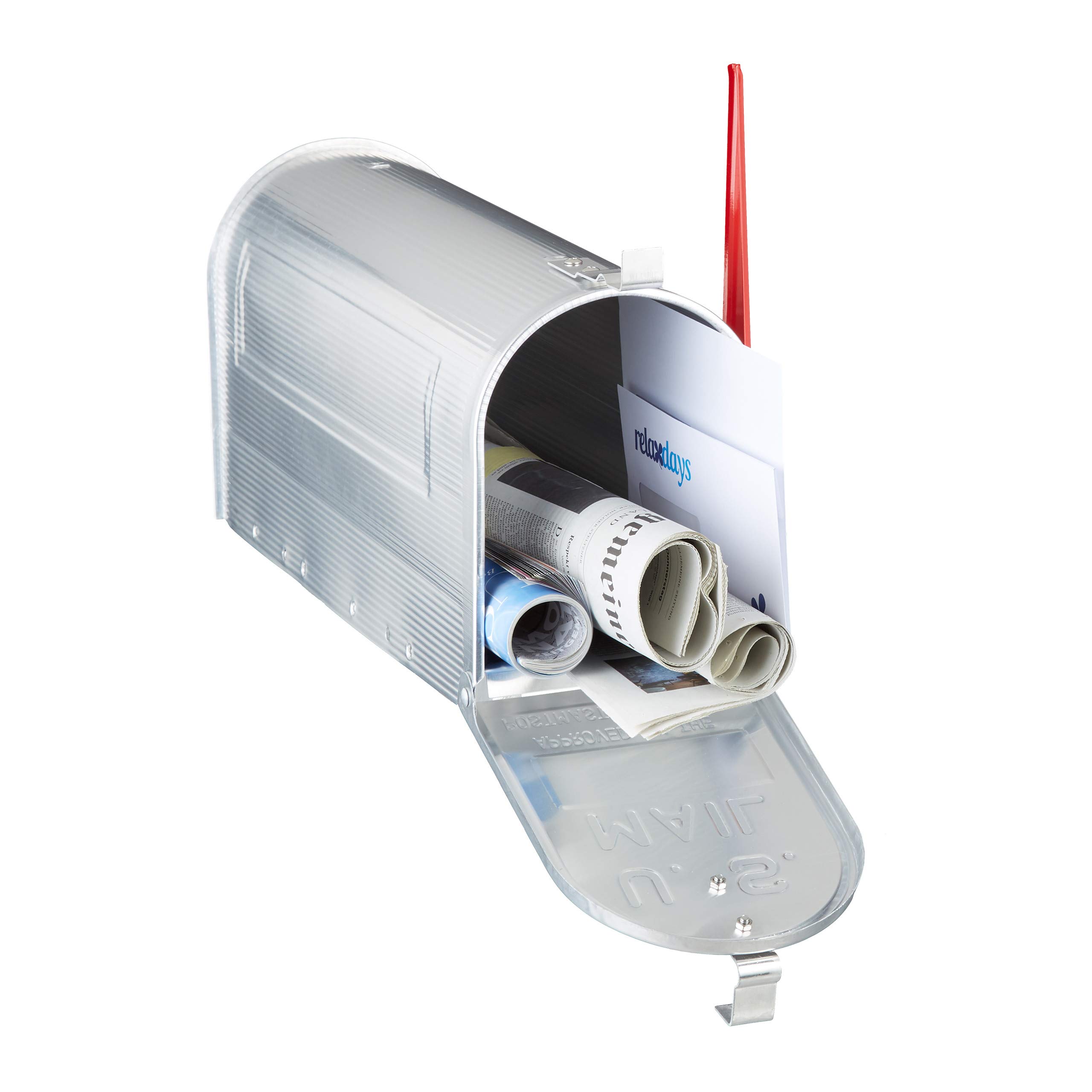 Relaxdays American-Style Letterbox, Aluminium, Original US Mailbox, Flag, Nostalgic, HxWxD: 22 x 16.5 x 48 cm, Silver