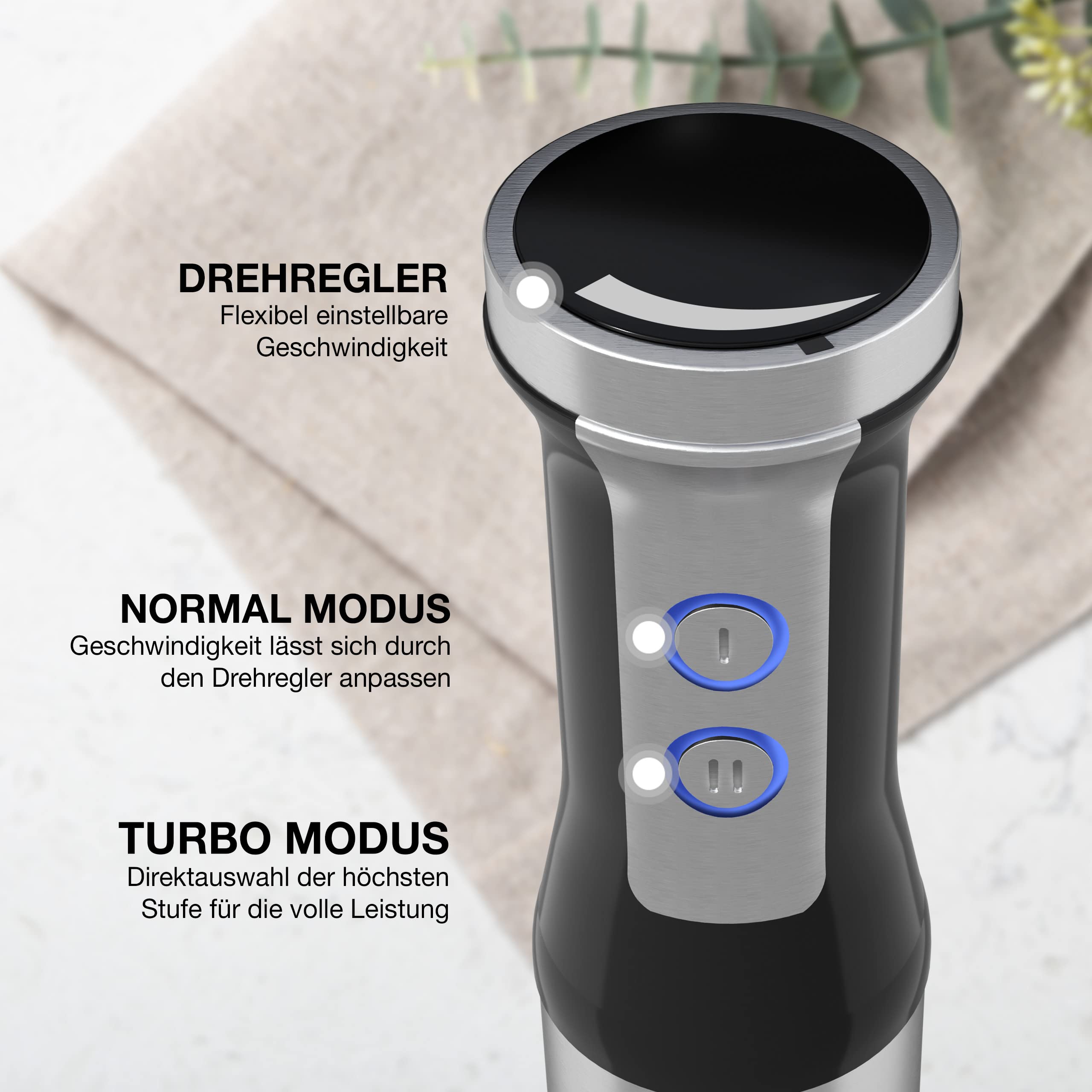 LEBENLANG 1000W Stabmixer Edelstahl - Mit Spritzschutz & 8 Stufen & Turbo 3