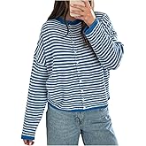 Milumia Women's Striped Button Up Cardigan Y2k Long Sleeve Crewneck Casual Sweater Tops