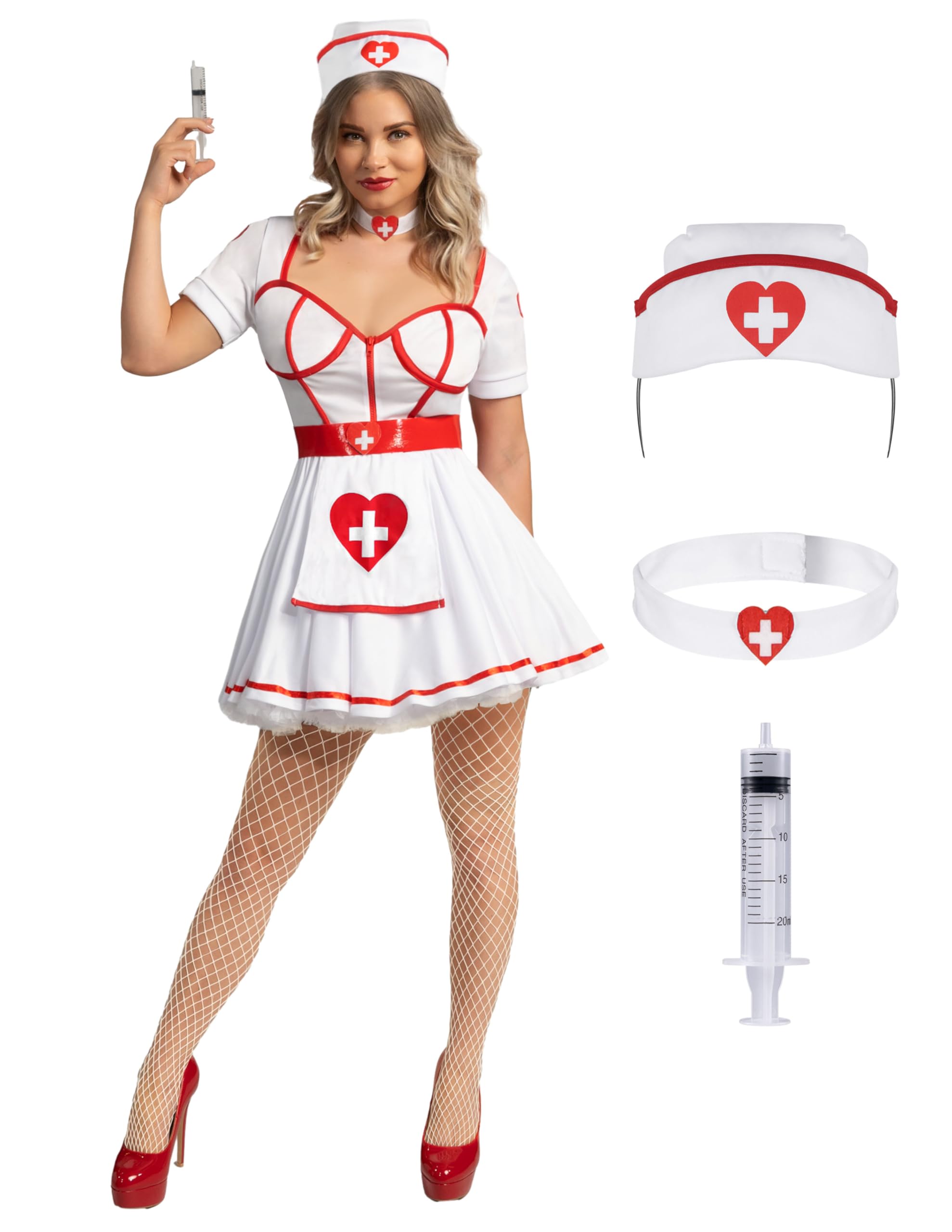 Photo 1 of ***Doesnt not include fishnets***
Spooktacular Creations Halloween Nurse Costume, White Nurse Costume Woman Heartbreaker Dress Prop Set with Headband, Choker, Belt, and Syringe for Woman Halloween Cosplay Dress Up Party