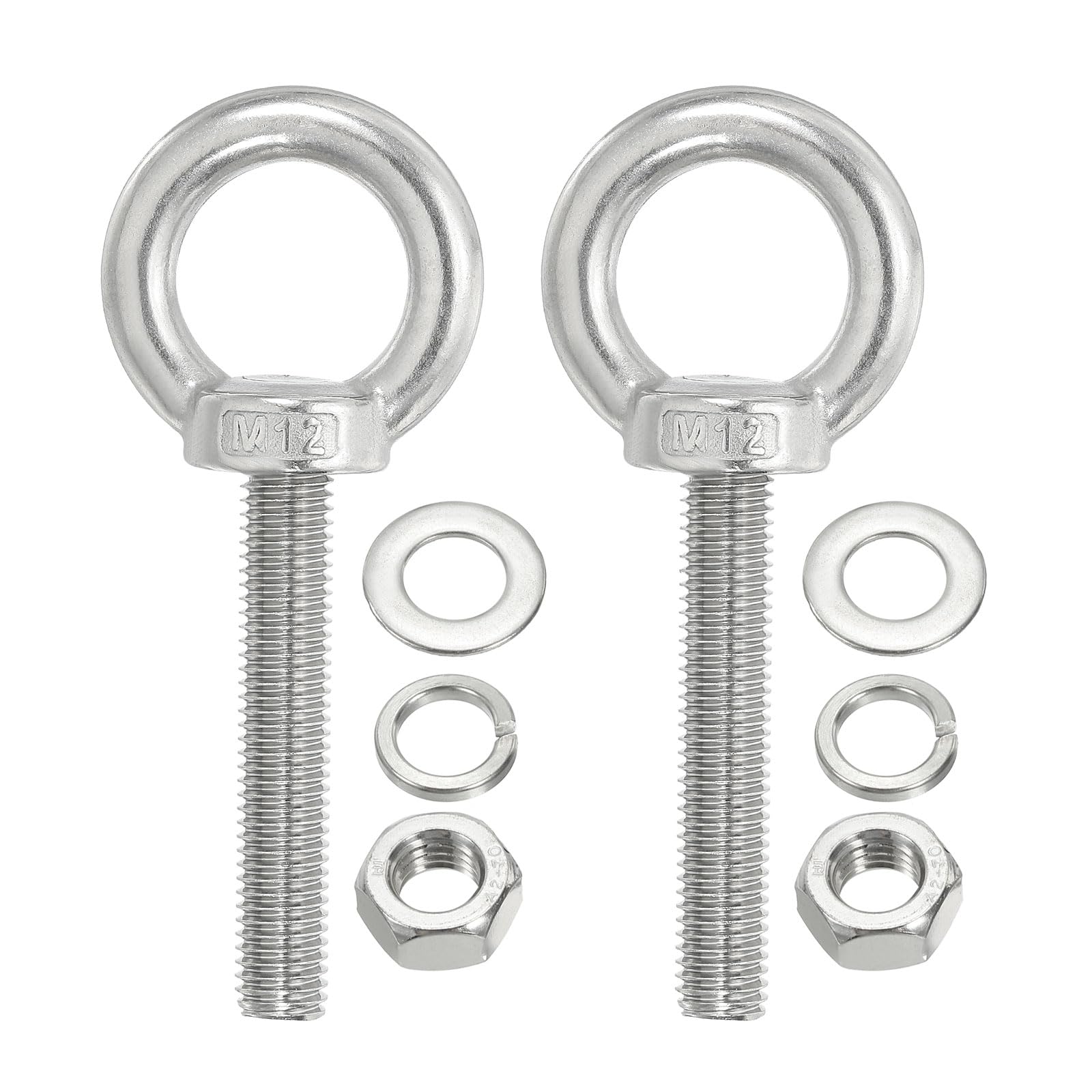 PATIKIL M12 x 60mm Lifting Shoulder Eye Bolt, 2Pcs 304 Stainless Steel Lifting Ring Threaded Eyebolt with Nuts Washers for Hanging Hammocks Articles