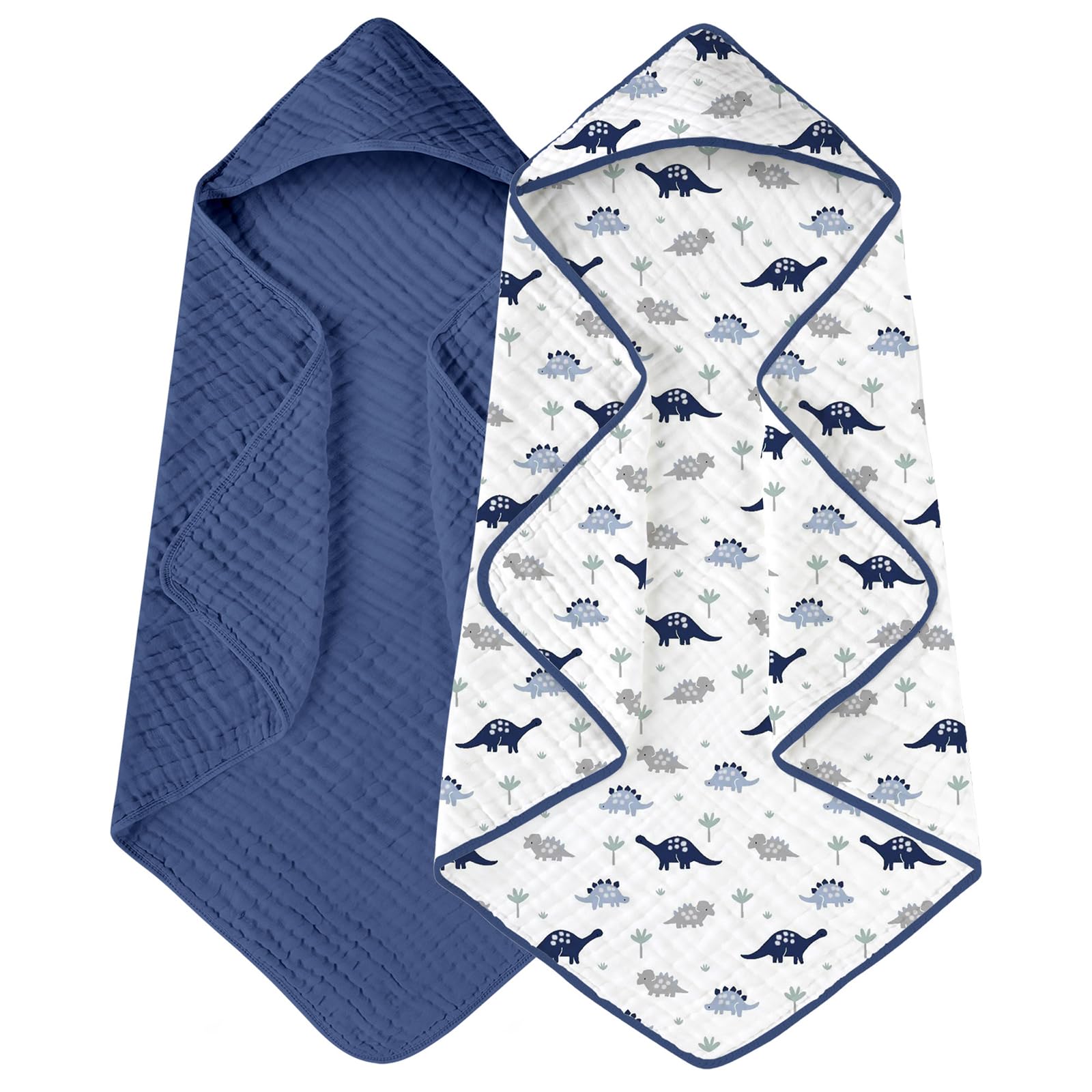 Photo 1 of Yoofoss Hooded Baby Towels for Newborn 2 Pack 100% Muslin Organic Cotton Baby Bath Towel with Hood for Babies, Infant, Toddler and Kids, 32x32Inch, Soft and Absorbent Newborn Essential, Navy Dinosaur