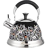 Tinlon Enamel Tea Kettle, 3.1QT Vintage Whistling Tea Kettle for Stovetop | Vintage floral stovetop teapot for tea service, with 3.0L capacity, 304 steel interior, whistle, and folding handle.