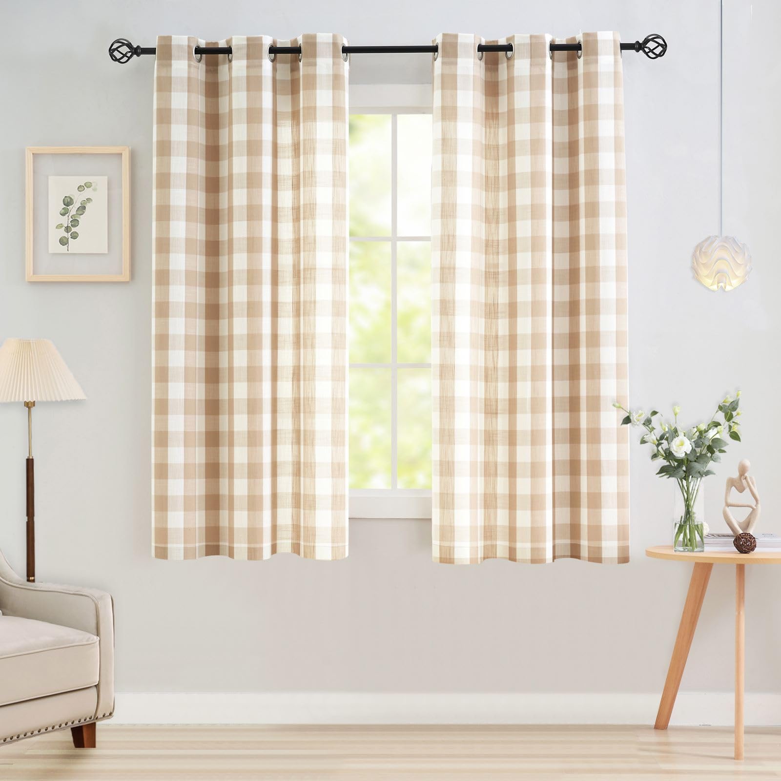 Abstractex Taupe White Buffalo Check 60x54 Inch Sheer Curtains for Bedroom Gingham Plaid Wide Farmhouse Linen Textured Curtains Classic Semi Sheer Window Drapes for Living Room 2 Pcs Eyelet
