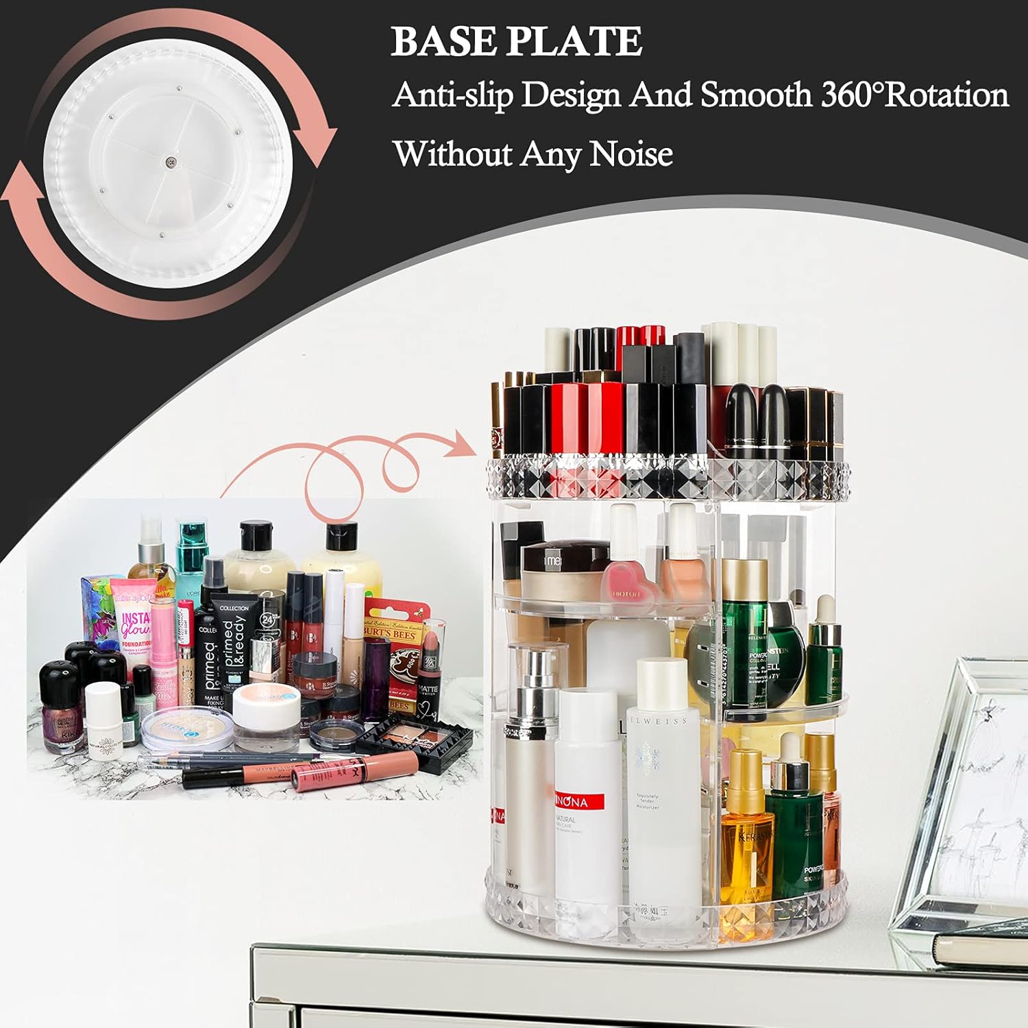 OurWarm 360 Rotating Makeup Organizer, Large Capacity Cosmetic Organizer Storage with 4 Adjustable Trays & Makeup Brush Holder, Clear Acrylic Cosmetic Display Cases for Vanity Dresser Bathroom: Home Improvement